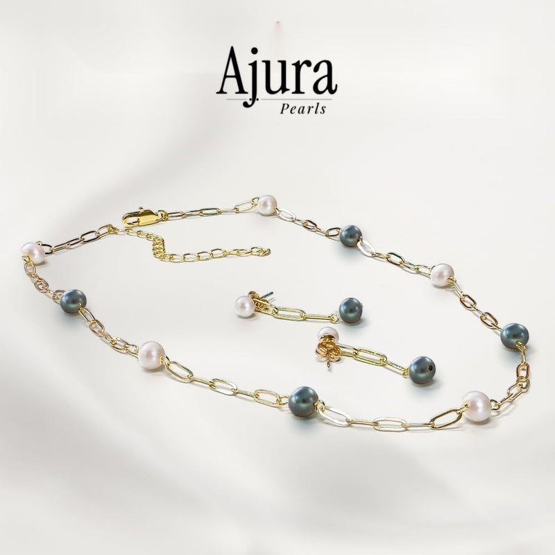 Link Chain Pearl Necklace & Earrings Set Black & White
