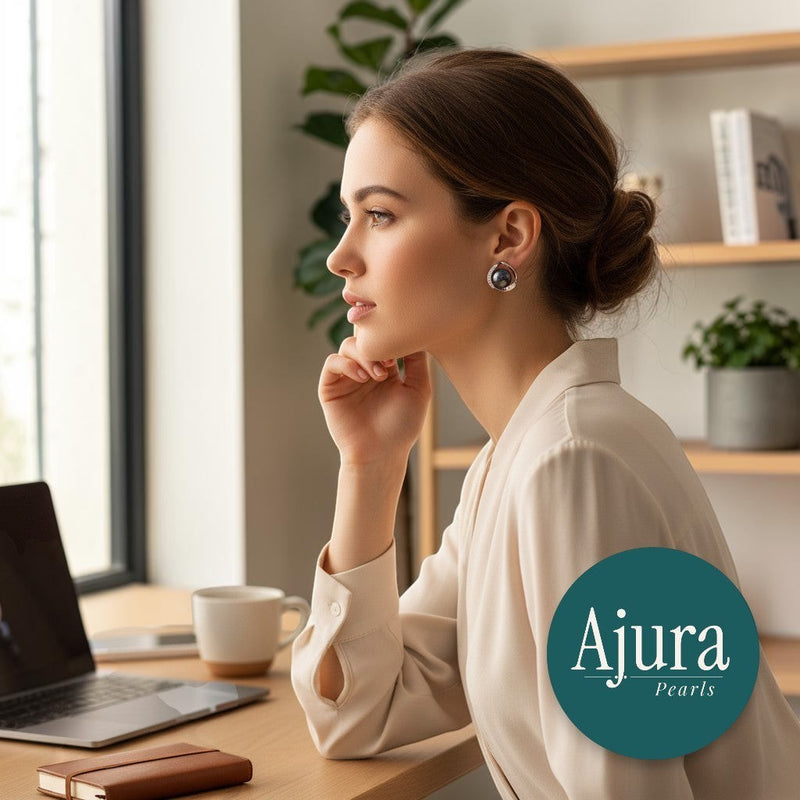 Ajura Pearls 925 silver stud earrings with black freshwater pearls and small clear crystals.