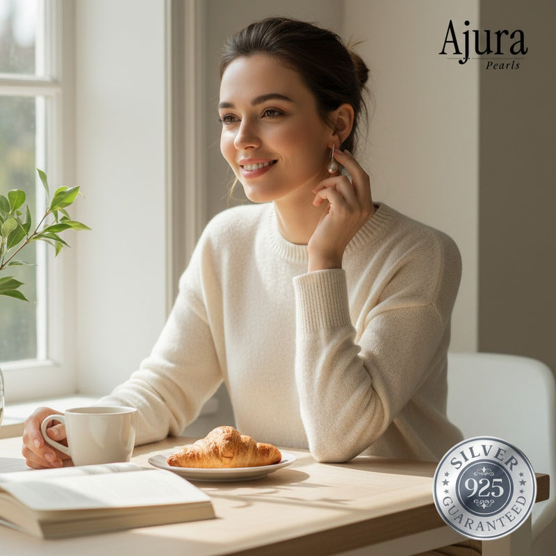 Ajura Pearls 925 sterling silver drop earrings with 8-9mm freshwater pearls in lavender and peach tones with gold detailing.