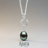 Ajura Pearls black freshwater pearl drop pendant with cubic zirconia in a white gold rhodium-plated heart shape.