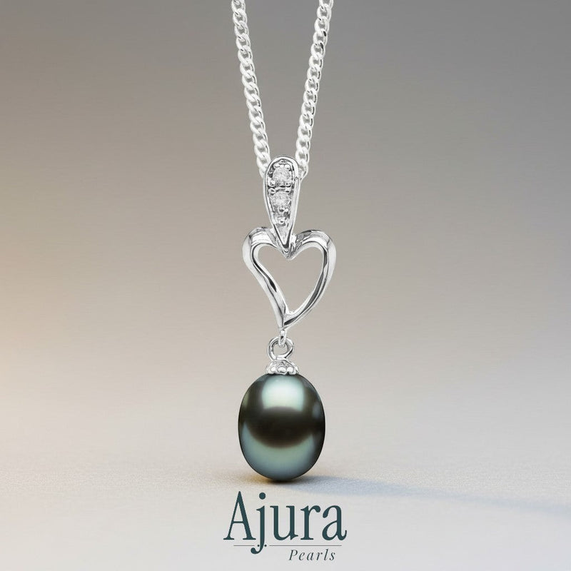 Ajura Pearls black freshwater pearl drop pendant with cubic zirconia in a white gold rhodium-plated heart shape.