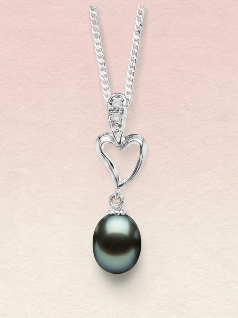 Ajura Pearls black freshwater pearl drop pendant with a white gold heart-shaped bail and cubic zirconia accents.