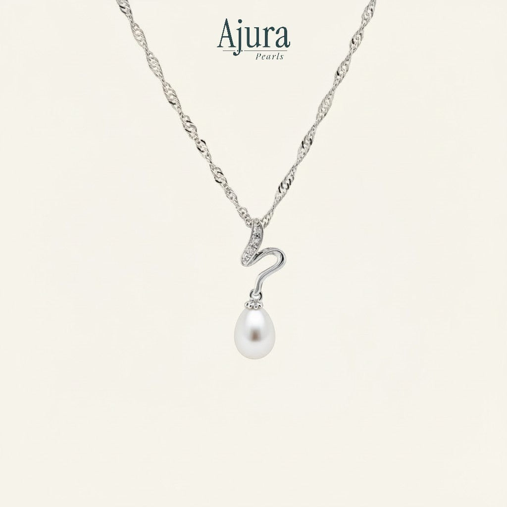 Ajura Pearls blue freshwater drop pearl pendant with cubic zirconia on a white gold rhodium-plated chain.