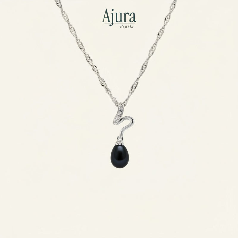 Ajura Pearls blue freshwater drop pearl pendant with cubic zirconia on white gold rhodium plated chain.