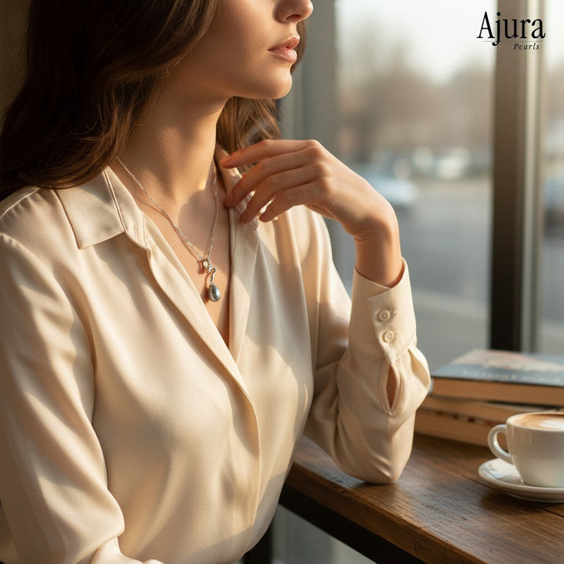 Ajura Pearls blue freshwater drop pearl pendant with cubic zirconia on a white gold rhodium-plated chain.