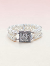 Ajura Pearls dual strand white freshwater pearl bracelet with ornate silver clasp, 8.5 inches.