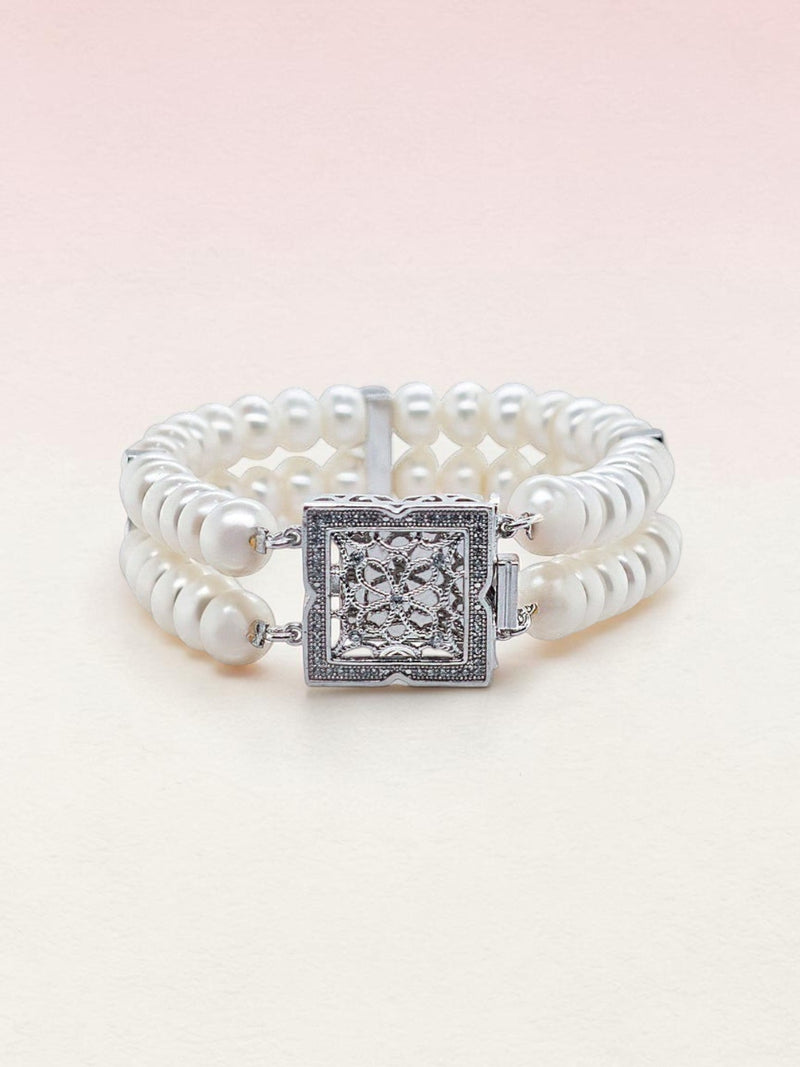 Ajura Pearls dual strand white freshwater pearl bracelet with ornate silver clasp, 8.5 inches.