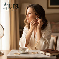 Ajura Pearls white gold rhodium plated flower drop earrings with freshwater pearls and yellow diamonds.
