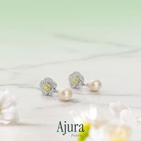 Ajura Pearls white gold rhodium plated flower drop earrings with freshwater pearls and yellow accent stones.