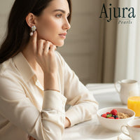 Ajura Pearls white gold rhodium plated drop earrings with freshwater pearls and yellow diamond accents.