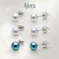 Ajura Pearls 3 pairs of freshwater pearl stud earrings in white, peach, lavender, and black colours.