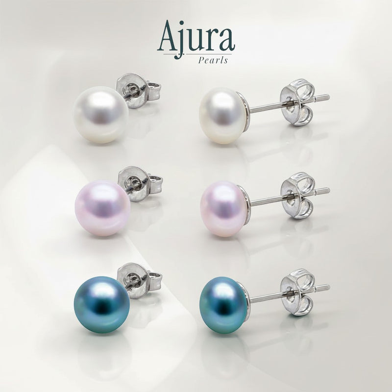 Ajura Pearls 3 pairs of freshwater pearl stud earrings in white, peach, lavender, and black colours.