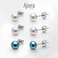 Ajura Pearls 3 pairs of freshwater pearl stud earrings in white, peach, lavender, and black.