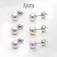 Ajura Pearls 3 pairs of freshwater pearl stud earrings in white, peach, and lavender.