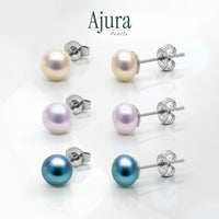 Ajura Pearls 3 pairs of freshwater pearl stud earrings in peach, lavender, and teal.