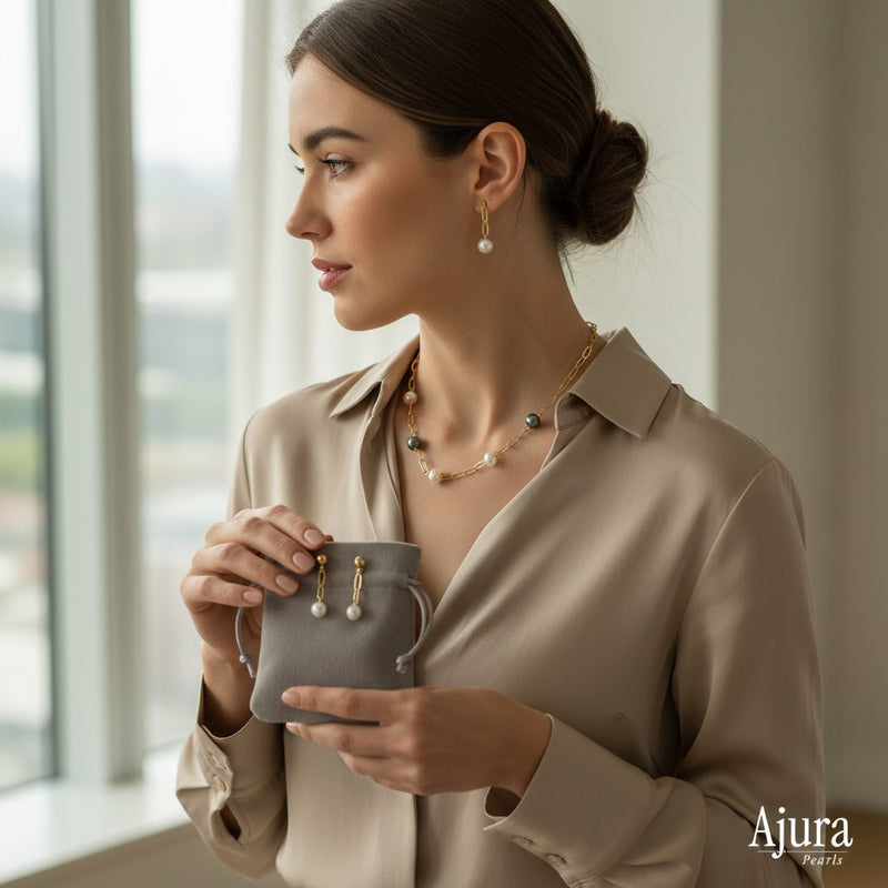 Ajura Pearls gold rhodium plated necklace and earrings set with white and black off-round freshwater pearls.