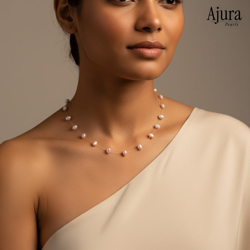 Ajura Pearls delicate necklace with floating baroque freshwater pearls in peach on a near-invisible chain.
