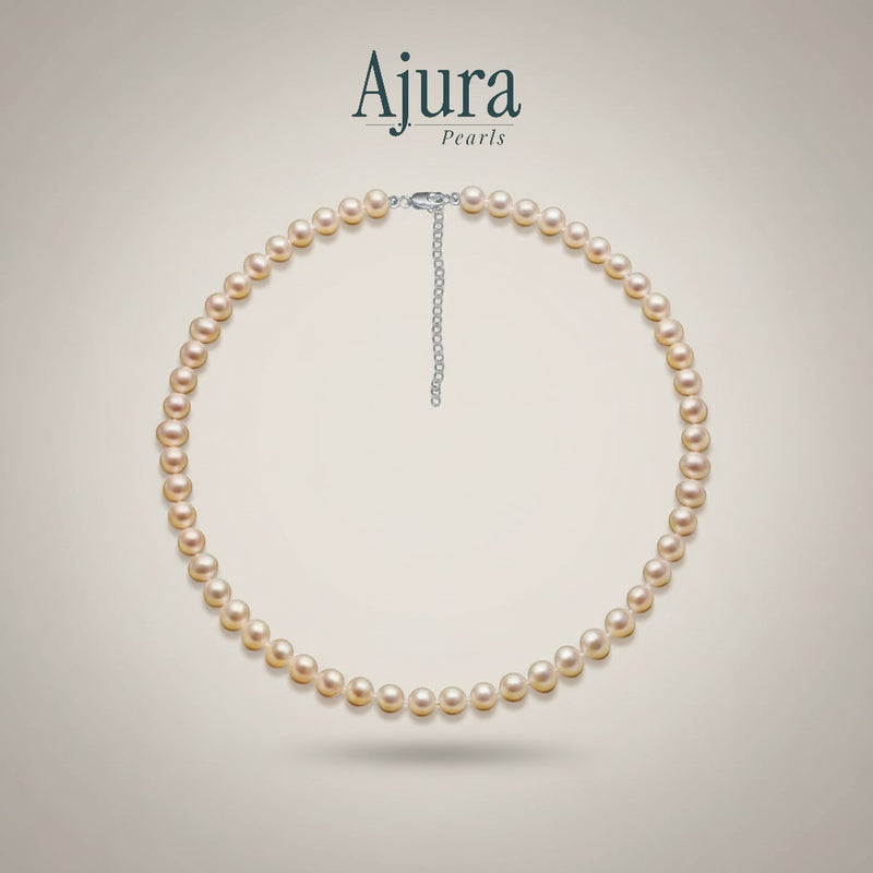 Ajura Pearls peach off-round freshwater pearl choker necklace, 6-7mm pearls, 38cm length with extension.