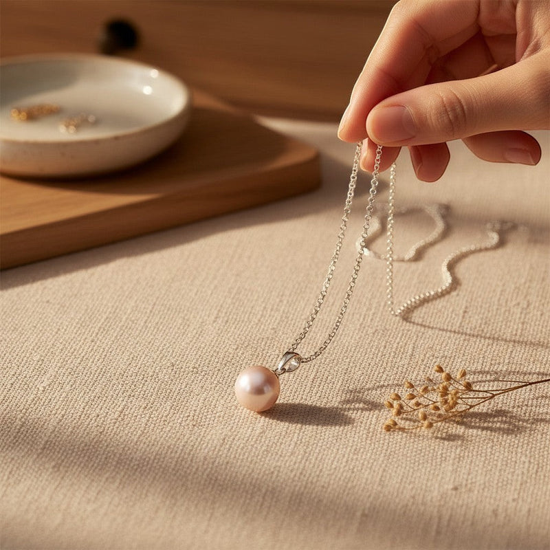 Ajura Pearls 8-9mm round peach freshwater pearl pendant on a 925 sterling silver chain.