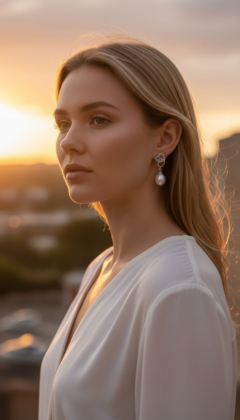 Ajura Pearls sterling silver drop earrings featuring double hearts adorned with cubic zirconia and a freshwater pearl.