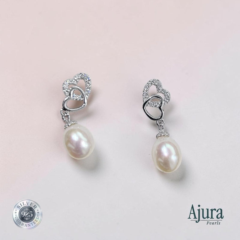 Ajura Pearls 925 sterling silver double heart earrings with drop freshwater pearls, accented with small clear crystals.