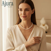 Ajura Pearls white freshwater pearl necklace, 9-10mm off-round AA+ quality pearls, 16 inches.