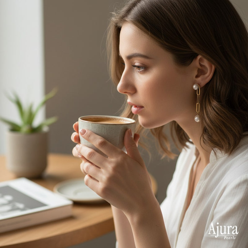 Ajura Pearls white freshwater pearl drop earrings with gold chain links. Versatile design.
