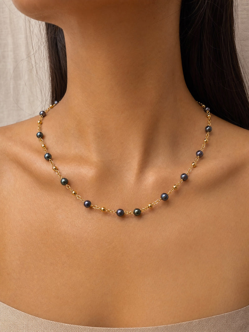 Midnight Muse Tin Cup Pearl Necklace — worn for scale